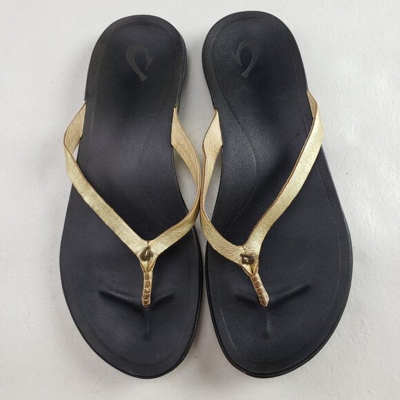 Olukai Ho'opio Flip Flop Sandal Womens 9 Gold Leather Slip On Strappy Thong - Picture 1 of 12